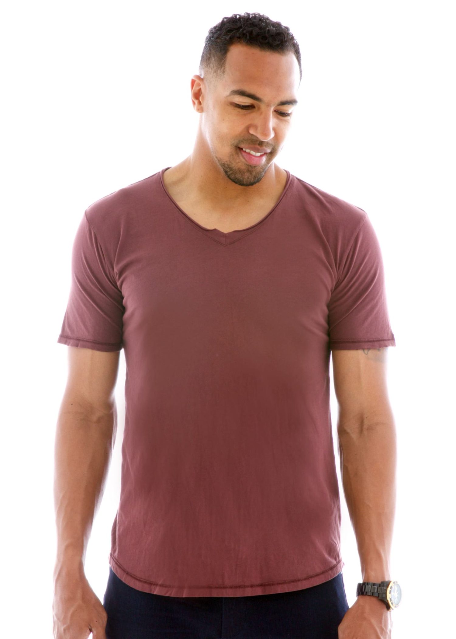 Men's Superfine Raw Double V-neck Short Sleeve T-Shirt