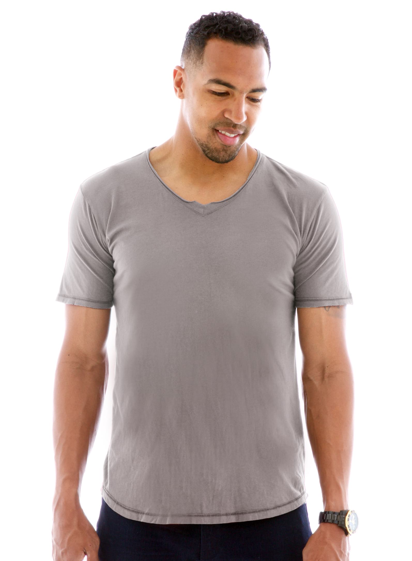 Superfine Raw Double V-neck Short Sleeve T-Shirt Front View