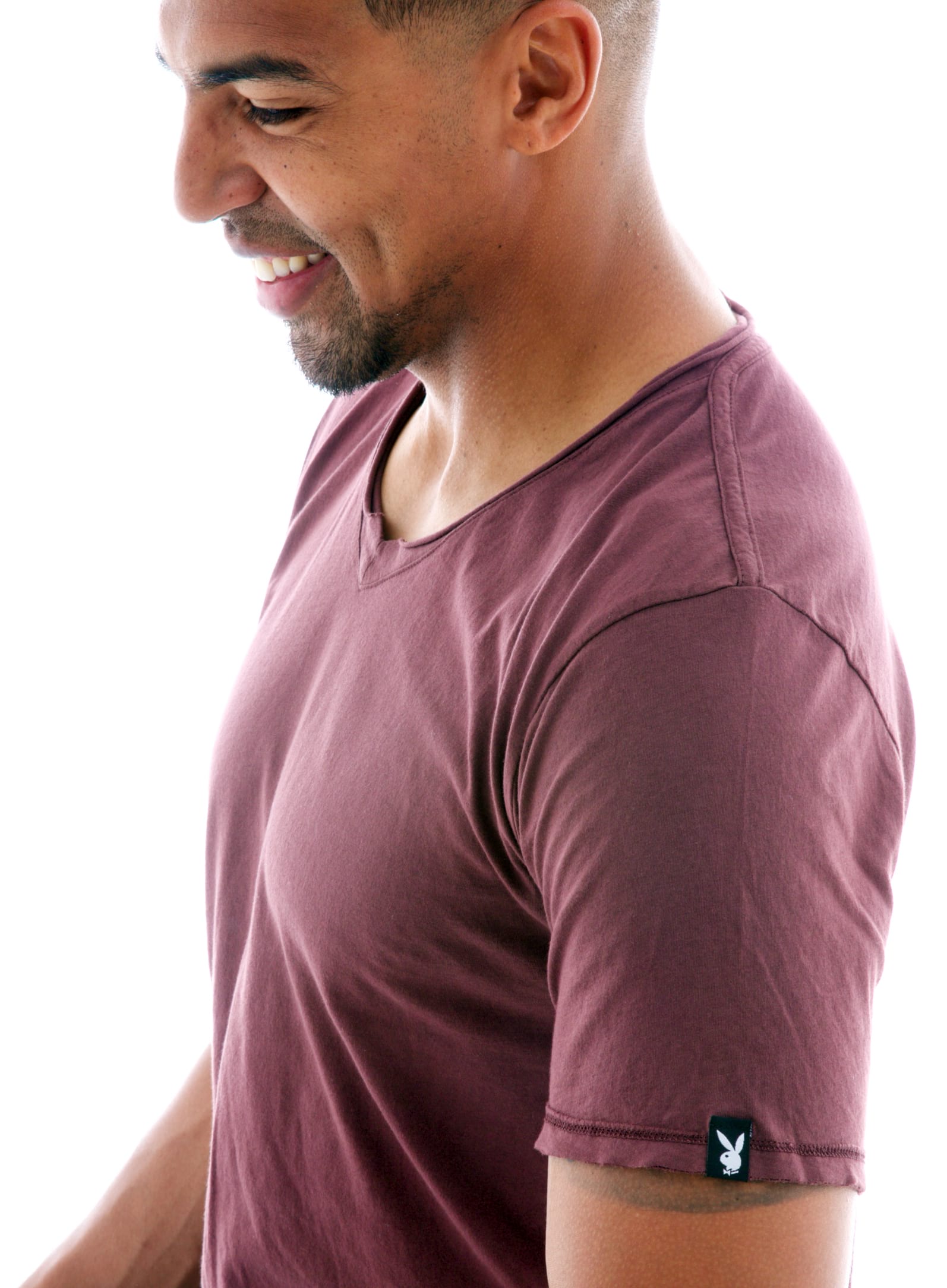 Superfine Raw Double V-neck Short Sleeve T-Shirt in Oxblood